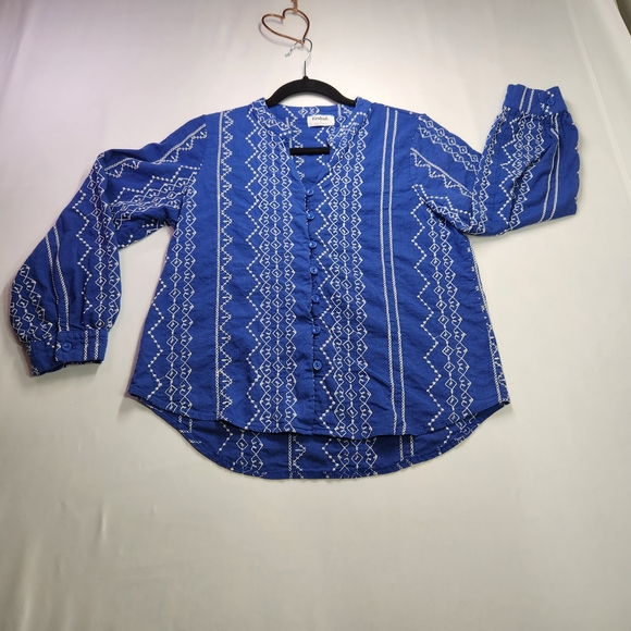 Kindred Tops - ⭐️Anthropologie Kindred Blue Embroidered Boho Button Up Shirt Size Large